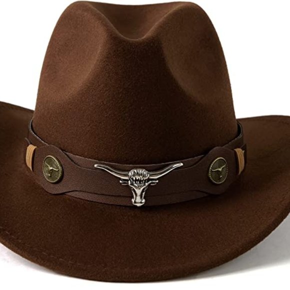 Brown Western Cowboy, Cowgirl Hat, Bull Horns Strap, Men Women Retro Wide Brim - Picture 4 of 10
